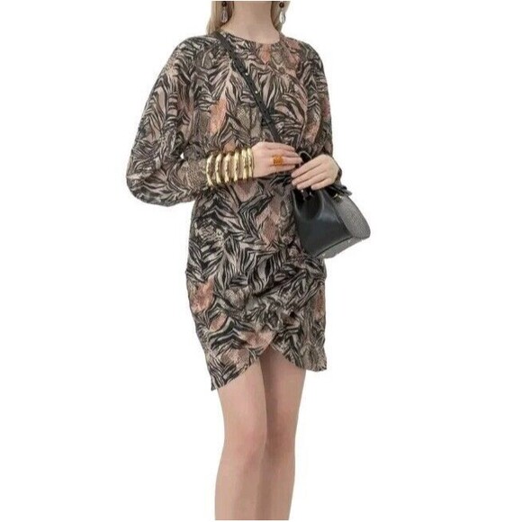 IRO Fenian Abstract Animal Print Tan Wrap Mini Dress Size 38 US6 Snakeskin Zebra - Picture 1 of 10